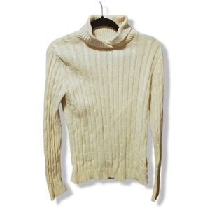 Liz & Co thick cotton chunky Cable Knit Sweater cream women XL heavy mock neck